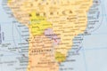 Paraguay on the map. Close up and selective focus photography. Travel concept image.