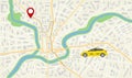 Map of taxi car. App navigator, gps on street of city. Direction, destination of taxi vehicle on road. App for travel, delivery,