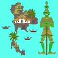 Map with Thailand symbol, marble Temple Benchamabophit, Guardian Giant Yaksha, Buddhist stupa - chedi, long-tail boat, Thai taxi