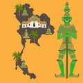 Map with Thailand symbol, marble Temple Benchamabophit, Guardian Giant Yaksha, Buddhist stupa - chedi, sculpture of Buddha