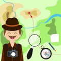 Map with tourist, compass, magnifying glass and . Child Game. Help the player to get here before the place.