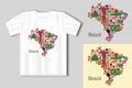 Map from traditional symbols of Brazil. Travel concept with t-shirt mockup Royalty Free Stock Photo