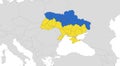 Map of the Ukraine in the colors of the flag with individual regions and capital city, with neighboring states, blank