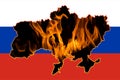 Map of Ukraine on fire. Outline map of Ukraine on the background of the flag of Russia. Anti-war concept