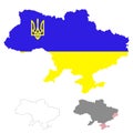 Map of Ukraine. Flag incorporated into the map Ukraine with coat of arms. Outline map of Ukraine. Map of Ukraine with