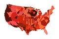 Map of the United States of America with handprints, red tones, Isolated.