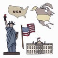 Map of the United States of America and the symbols of America. Royalty Free Stock Photo