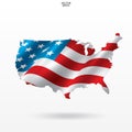 Map of the USA with american flag pattern and waving. Outline of `United States of America` map on white background. Royalty Free Stock Photo