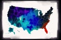 Map of USA with states in different shades of blue and red. Watercolor paint. Digital art, Generative AI Royalty Free Stock Photo