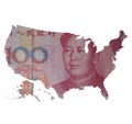 Map of the USA on a 100 yuan bill