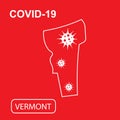 Map of Vermont State labeled COVID-19. White outline map on a red background.