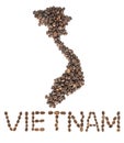 Map of Vietnam made of roasted coffee beans isolated on white background. Royalty Free Stock Photo