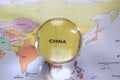 Map view with crystal ball pointing China Royalty Free Stock Photo