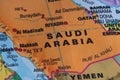 Map view of Saudi Arabia on a geographical globe. Royalty Free Stock Photo