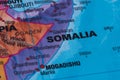 Map view of Somalia on a geographical globe.