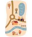 Village map. Cartoon map with houses, animals, road, lakes, trees and tractor.