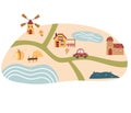 Village map. Cartoon map with houses, animals, road, lakes, trees and tractor.