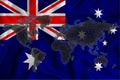 Map of the world from the blockchain network on the background of the flag of Australia. Australia cryptocurrency concept Royalty Free Stock Photo