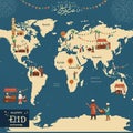 Map of the world with celebratory Eid al-Fitr elements. Key locations include cities Royalty Free Stock Photo