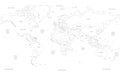 Map of World. Detailed thin black outline political map with country, sea and ocean names. Vector map