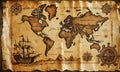 A map of the world is displayed on a piece of paper, with a ship visible in the background. Royalty Free Stock Photo
