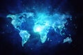 Map of the world, glowing lines on a dark blue background