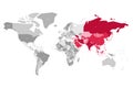 Map of World in grey colors with red highlighted countries of Asia. Vector illustration