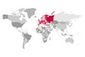 Map of World in grey colors with red highlighted countries of Europe. Vector illustration Royalty Free Stock Photo