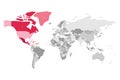 Map of World in grey colors with red highlighted countries of North America. Vector illustration