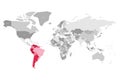 Map of World in grey colors with red highlighted countries of South America. Vector illustration