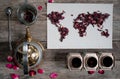 Map of the world, lined with tea leaves on old paper. Eurasia, America, Australia, Africa. vintage. hibiscus tea, tea