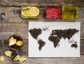 Map of the world, lined with tea leaves on old paper. Eurasia, America, Australia, Africa. vintage. tea, cup, a towel