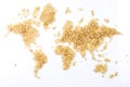 Map of the world made of raw natural rice on white background