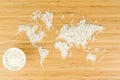 Map of the world made of white rice with white ceramic bowl