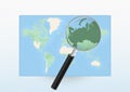 Map of the World with a magnifying glass aimed at Russia, searching Russia with loupe Royalty Free Stock Photo