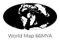 Map of the World 66MYA. Monochrome vector illustration of Worldmap with white continents and black oceans isolated on