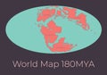 Map of the World 180MYA. Vector illustration of Worldmap with red continents and turquoise oceans isolated on dark grey