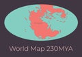 Map of the World 230MYA. Vector illustration of Worldmap with red continents and turquoise oceans isolated on dark grey