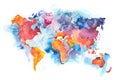 Map of the world with oceans and seas. Watercolor hand drawn Royalty Free Stock Photo