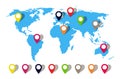 Map world with pin location. Globe icon with pointer. Perspective travel in asia, australia, africa, europe. Blue earth with gps