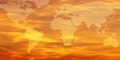 Map of the world super imposed over a vivid orange sunset. -original map from NASA