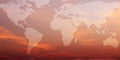 Map of the world super imposed over a vivid orange and pink sunrise. -original map from NASA