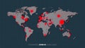 Map of worldwide Coronavirus pandemia spread. Warning of virus global outbreak. Virus structure on a planet Earth