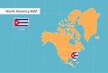 Cuba map in America, icons showing Cuba location and flags