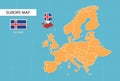 Iceland map in Europe, icons showing Iceland location and flags