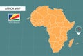 Seychelles map in Africa zoom version, icons showing Seychelles location and flags