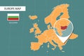 Bulgaria map in Europe zoom version, icons showing Bulgaria location and flags