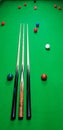 Maple and ebony cues on a snooker table with balls