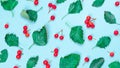 Maple leaf autumn. Green leafs, dry leaves, red fruits Rowans isolated on pastel blue background - Nature pattern. Flat lay, top Royalty Free Stock Photo