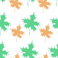 Maple leaf. Repeating pattern. Flat style. Continuous ornament of orange and green leaves